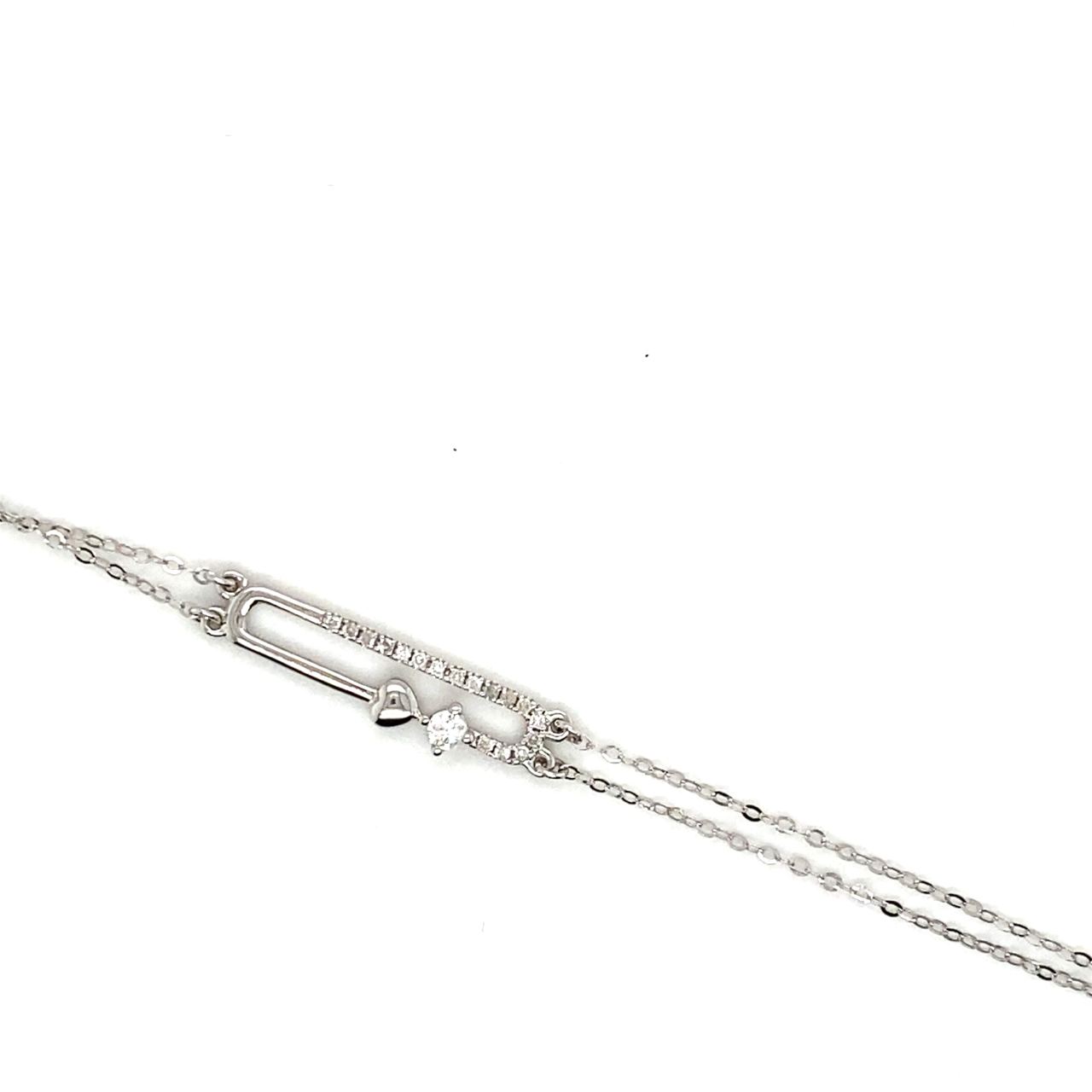 18K White Gold Double Chain Heart Pin DIamond Bracelet