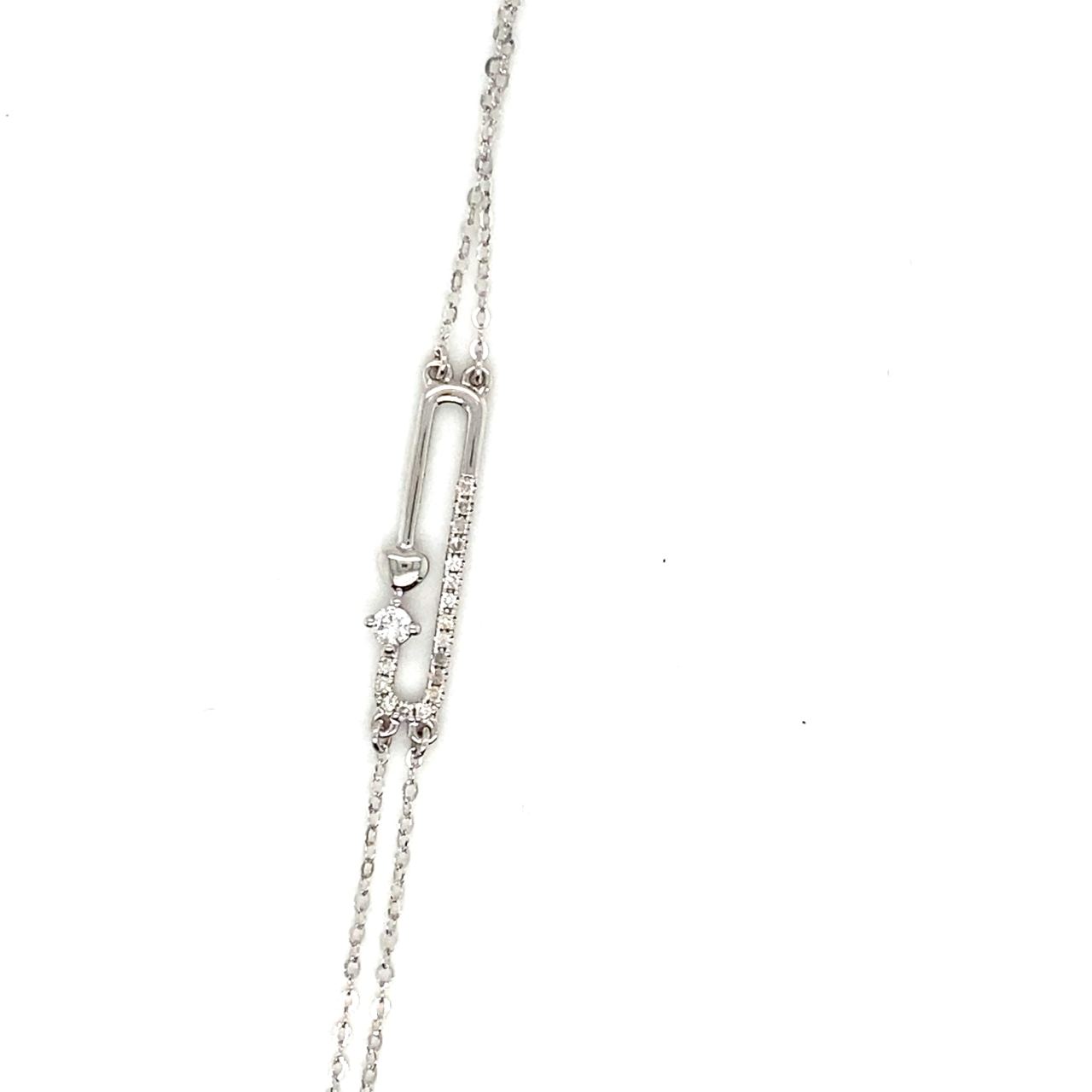 18K White Gold Double Chain Heart Pin DIamond Bracelet