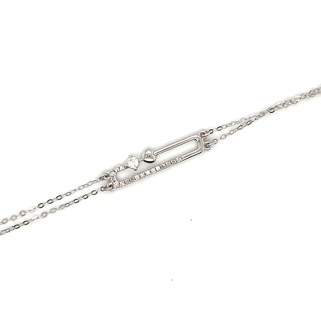 18K White Gold Double Chain Heart Pin DIamond Bracelet