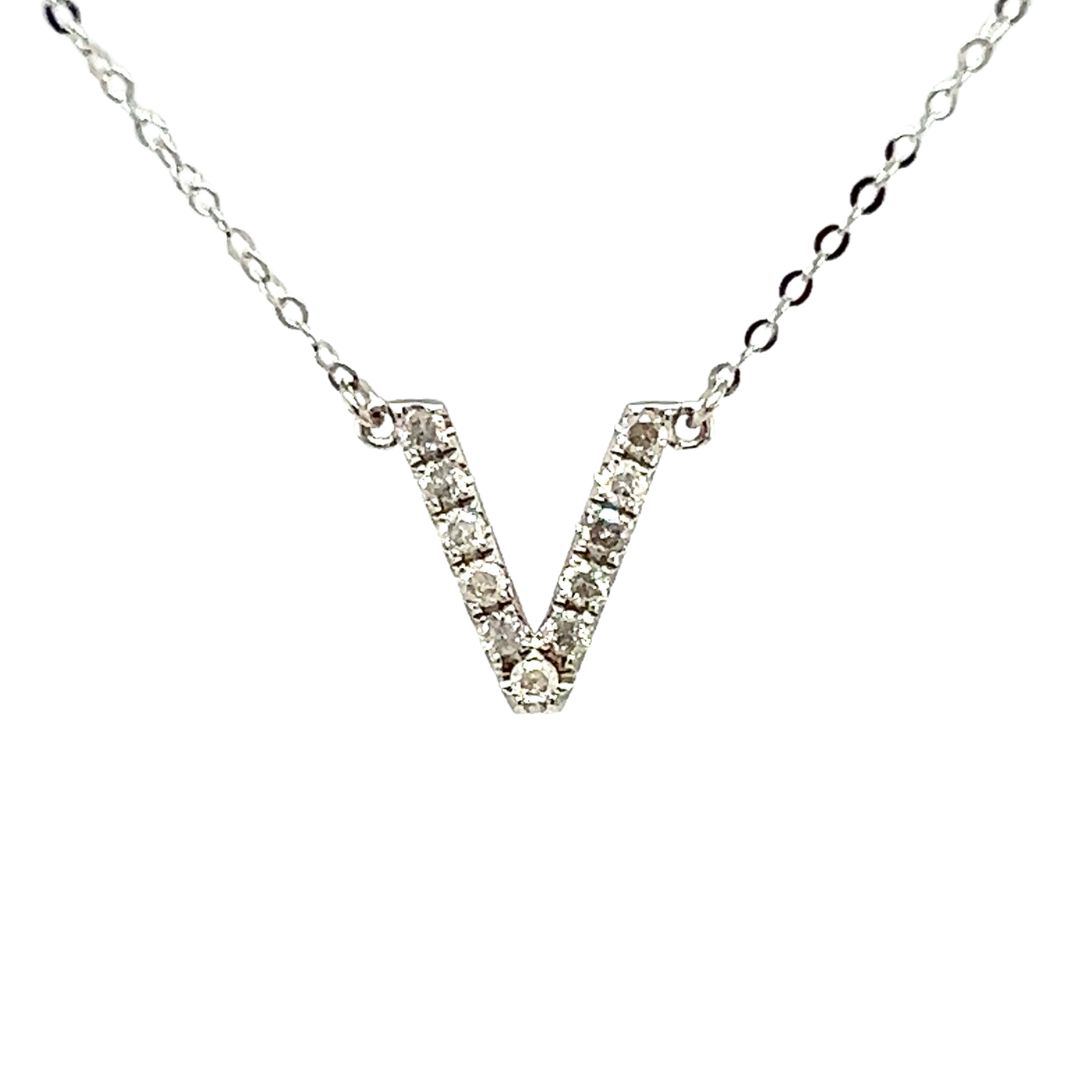 18K White Gold Classic Alphabet V Full Diamond Necklace