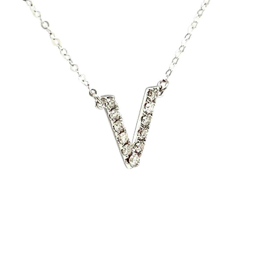 18K White Gold Classic Alphabet V Full Diamond Necklace