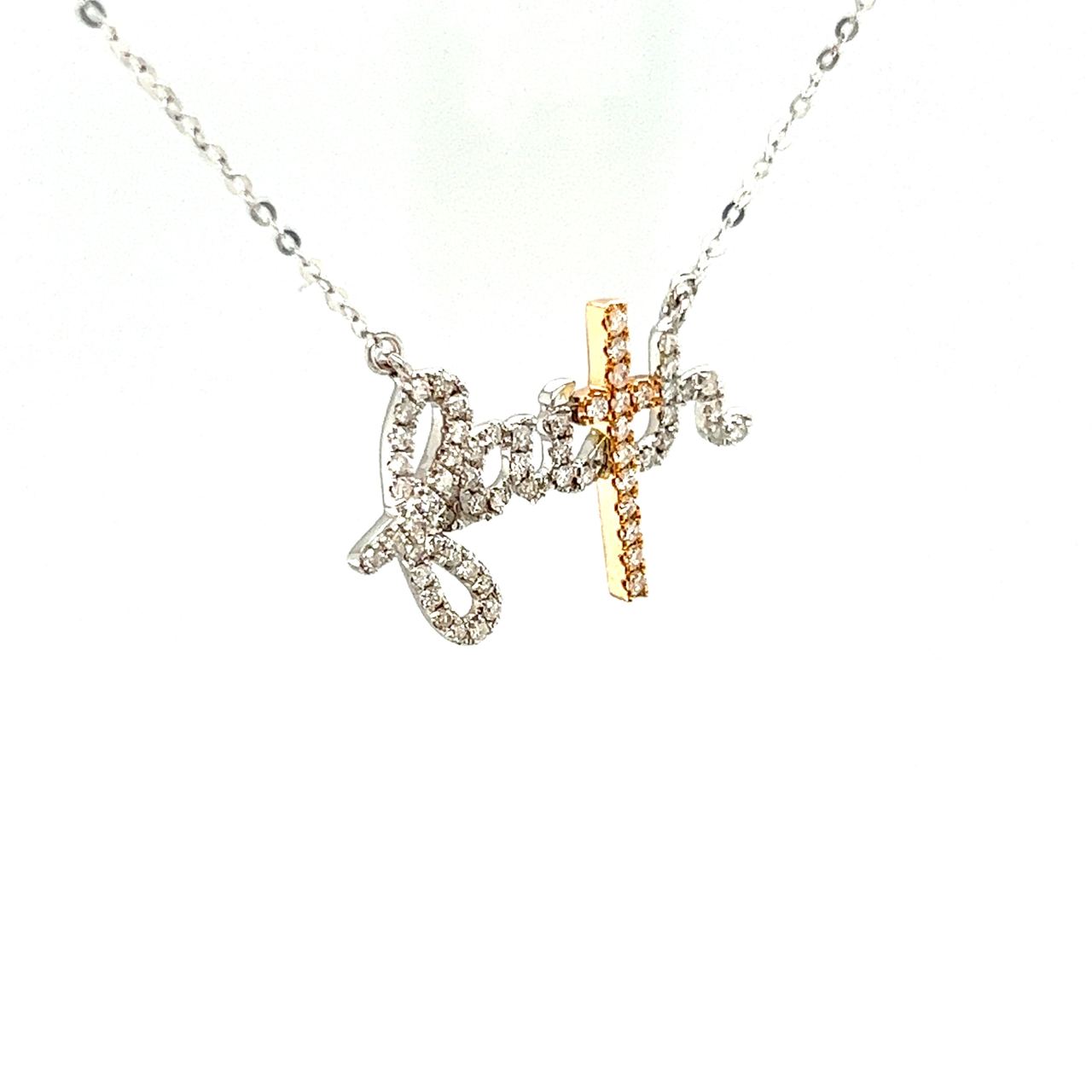 18K White Gold Crossover Rose Gold Cross Faith Full Diamond Necklace