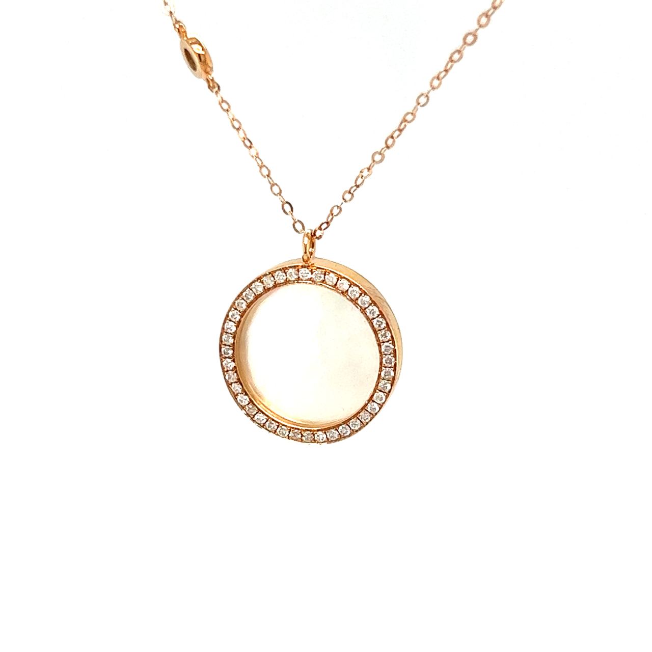 18K Rose Gold Large Round Mother Of Pearl Diamond Frame Necklace