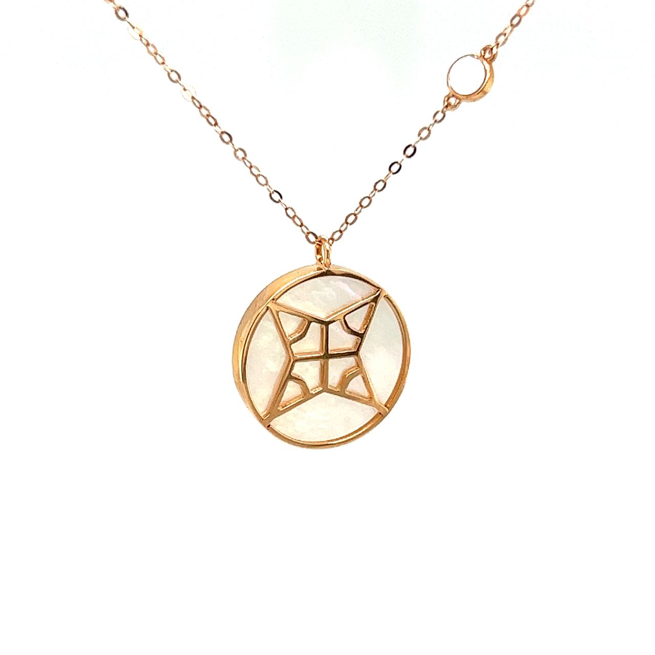 18K Rose Gold Large Round Mother Of Pearl Diamond Frame Necklace