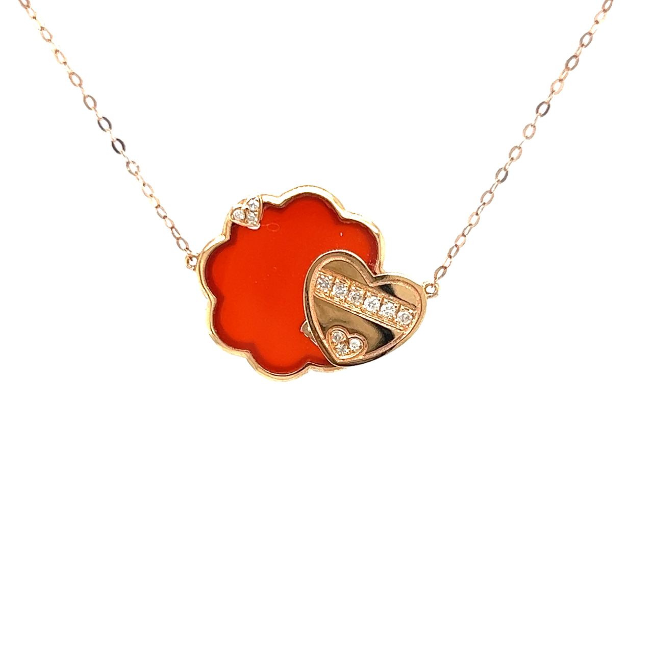 18K Rose Gold Moving Flower Heart Agate Diamond Necklace