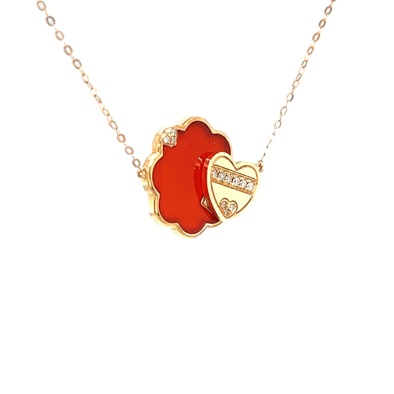 18K Rose Gold Moving Flower Heart Agate Diamond Necklace