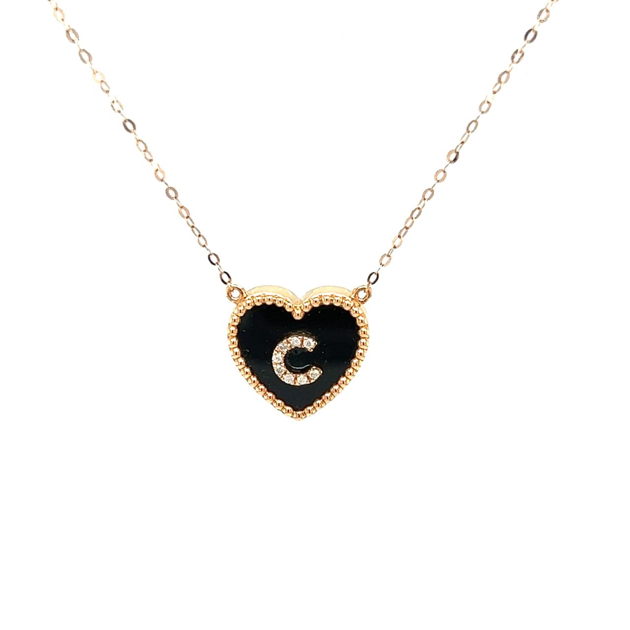 18K Rose Gold Heart Onyx Base Alphabet C Diamond Necklace