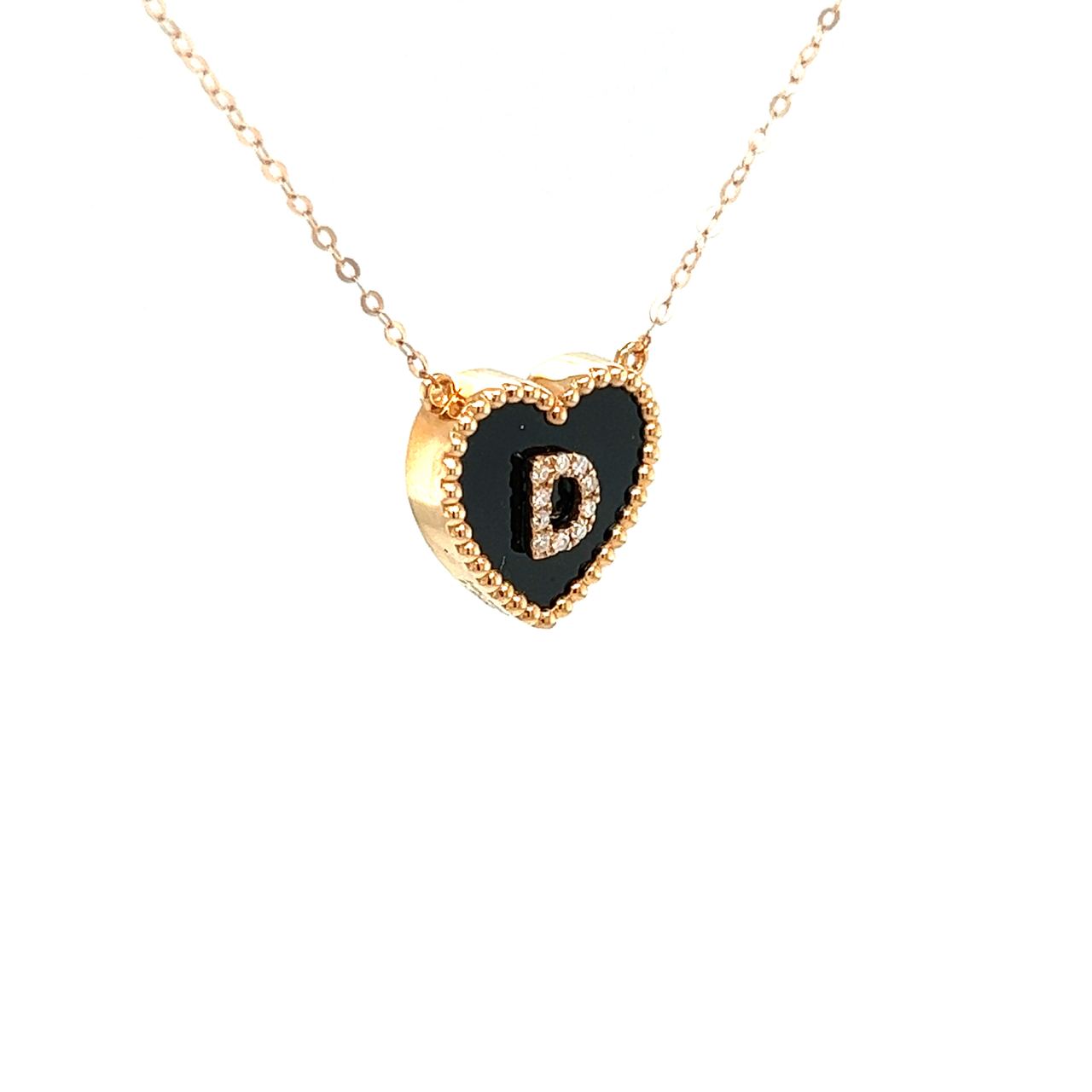 18K Rose Gold Heart Onyx Base Alphabet D Diamond Necklace