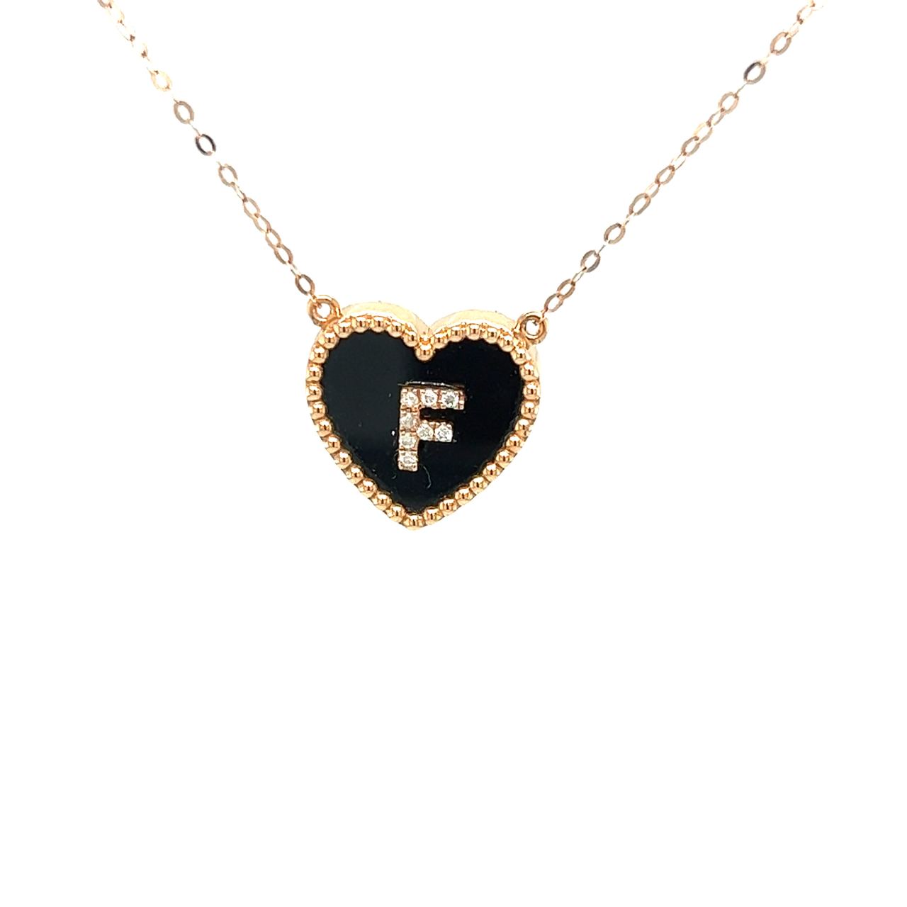18K Rose Gold Heart Onyx Base Alphabet F Diamond Necklace
