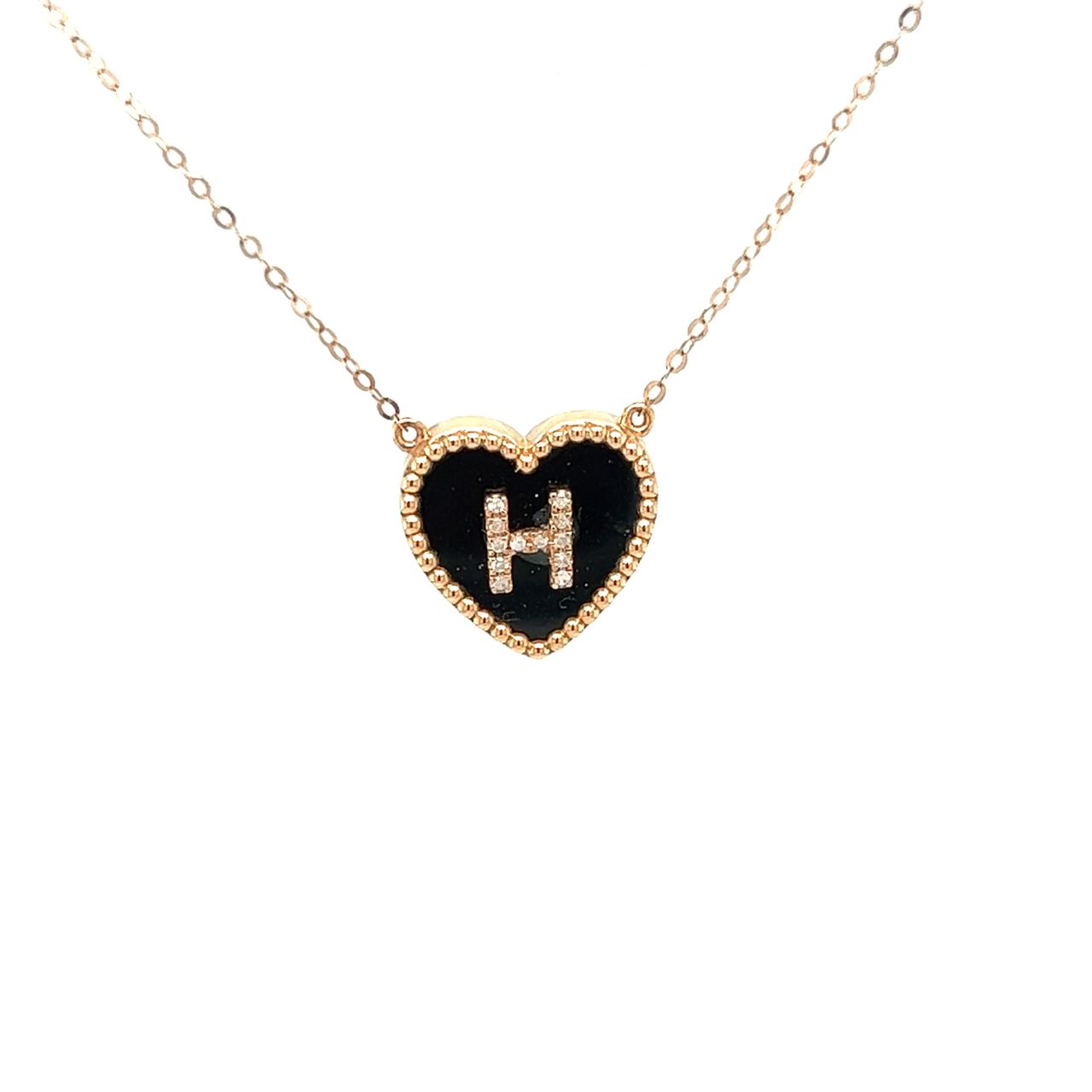 18K Rose Gold Heart Onyx Base Alphabet H Diamond Necklace