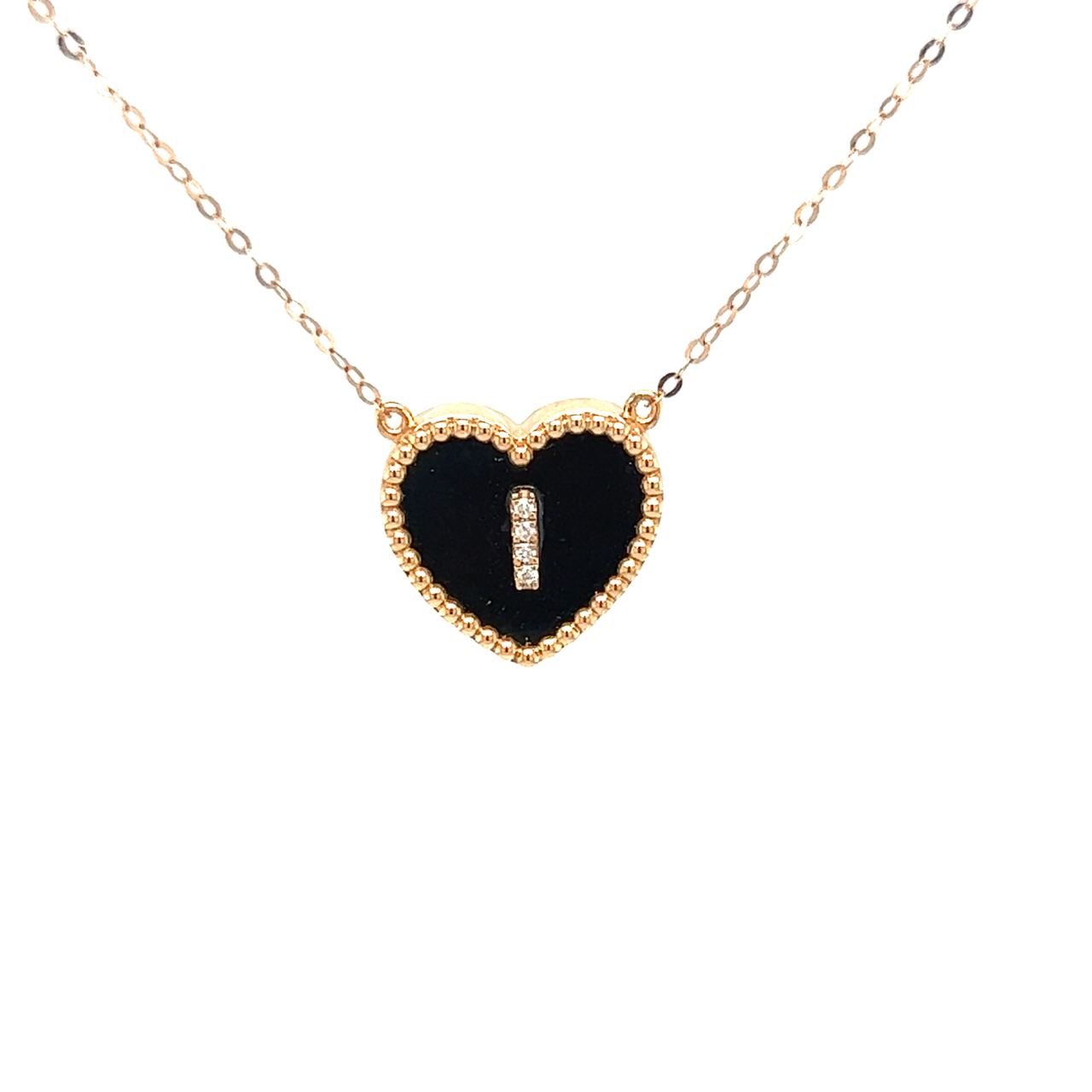 18K Rose Gold Heart Onyx Base Alphabet I Diamond Necklace