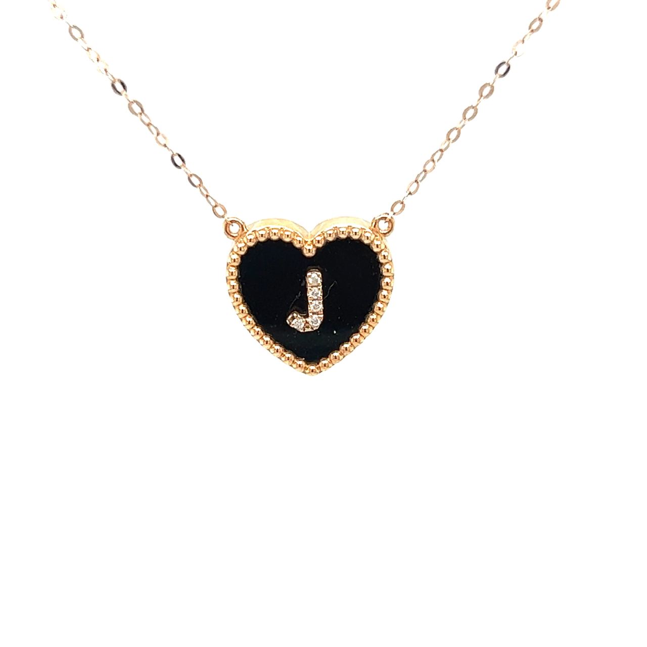 18K Rose Gold Heart Onyx Base Alphabet J Diamond Necklace