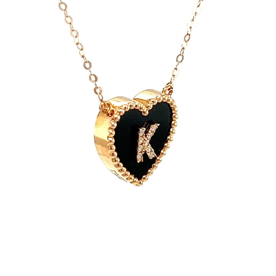 18K Rose Gold Heart Onyx Base Alphabet K Diamond Necklace