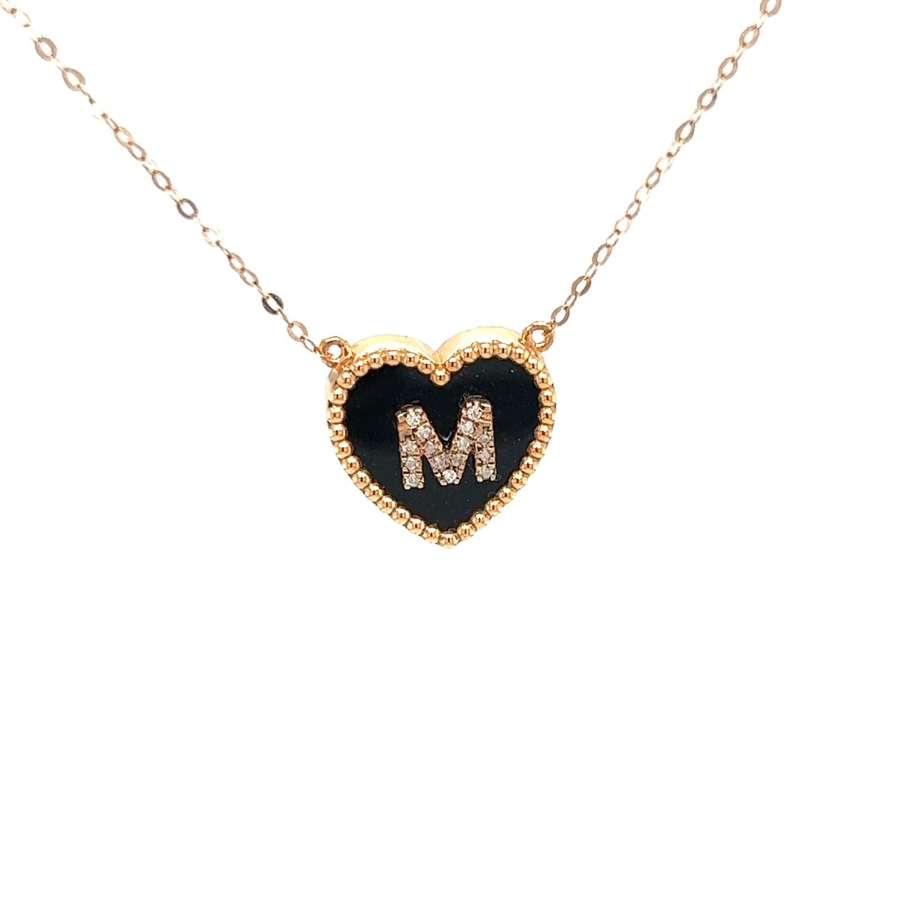 18K Rose Gold Heart Onyx Base Alphabet M Diamond Necklace