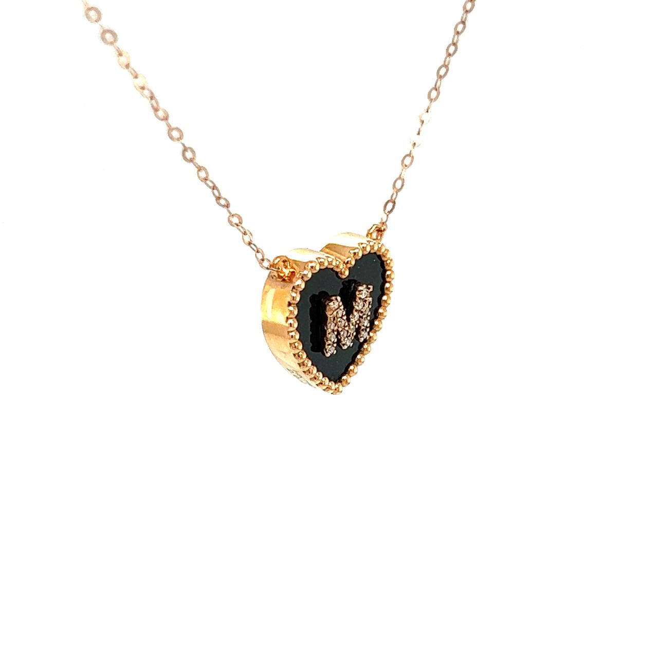18K Rose Gold Heart Onyx Base Alphabet M Diamond Necklace