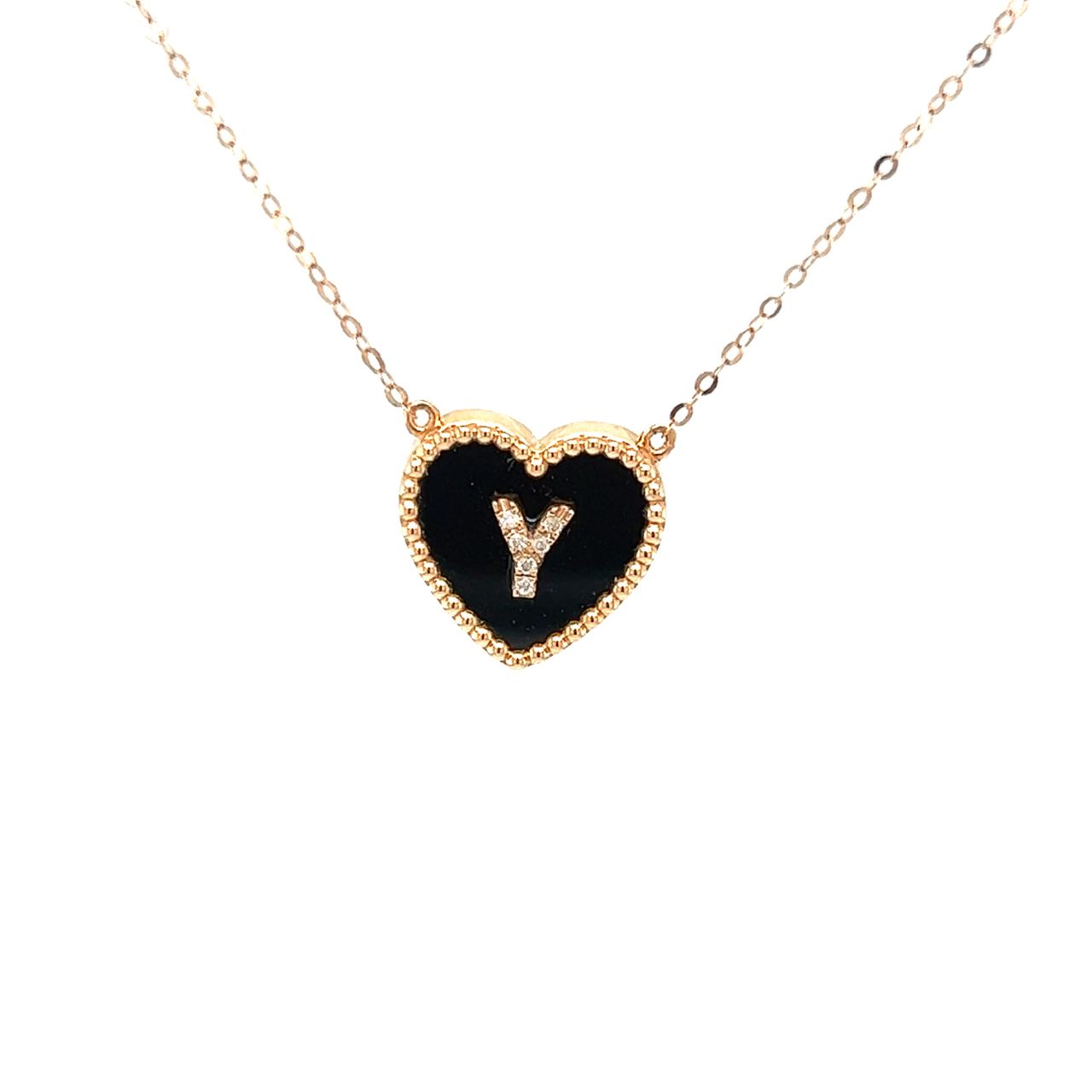 18K Rose Gold Heart Onyx Base Alphabet Y Diamond Necklace