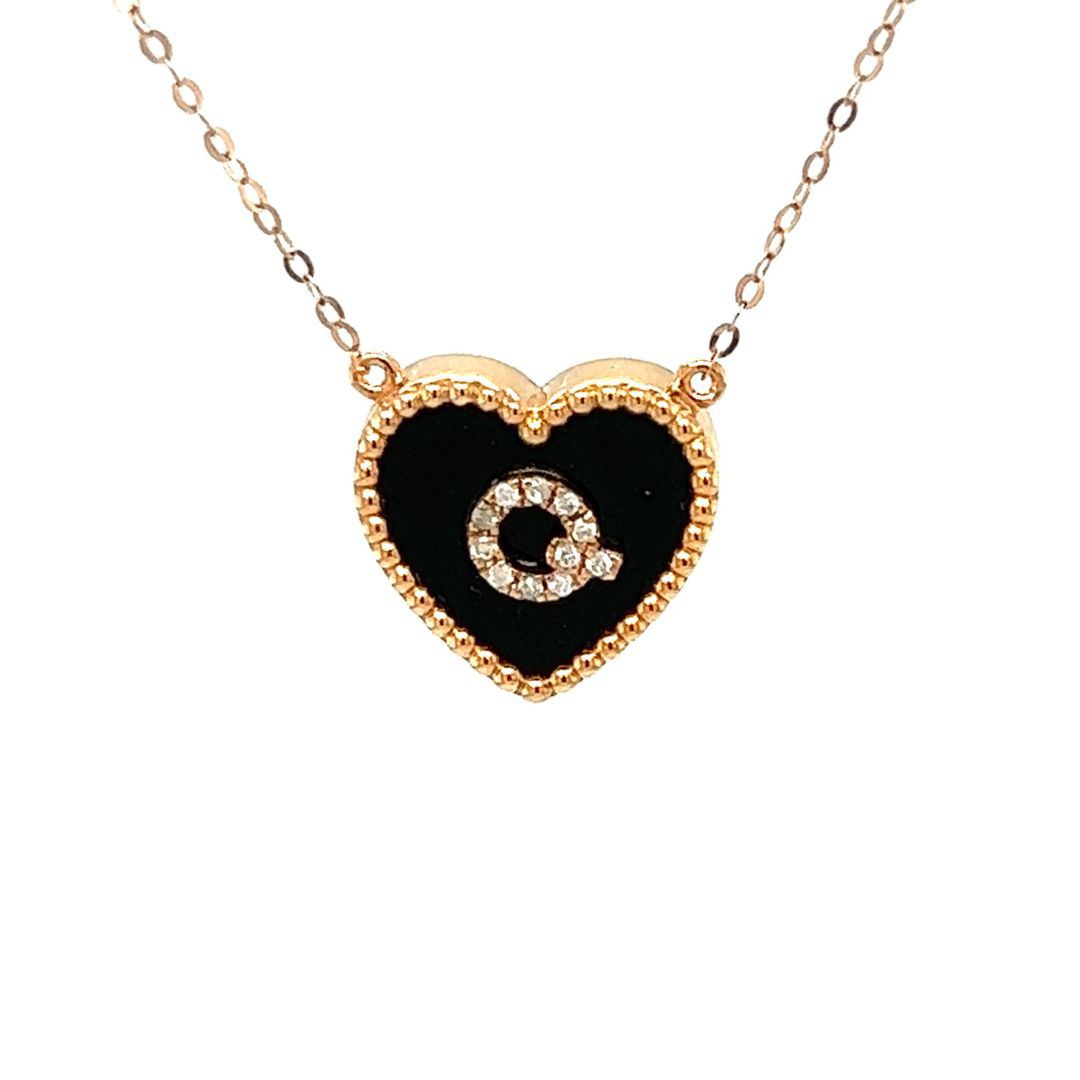 18K Rose Gold Heart Onyx Base Alphabet Q Diamond Necklace
