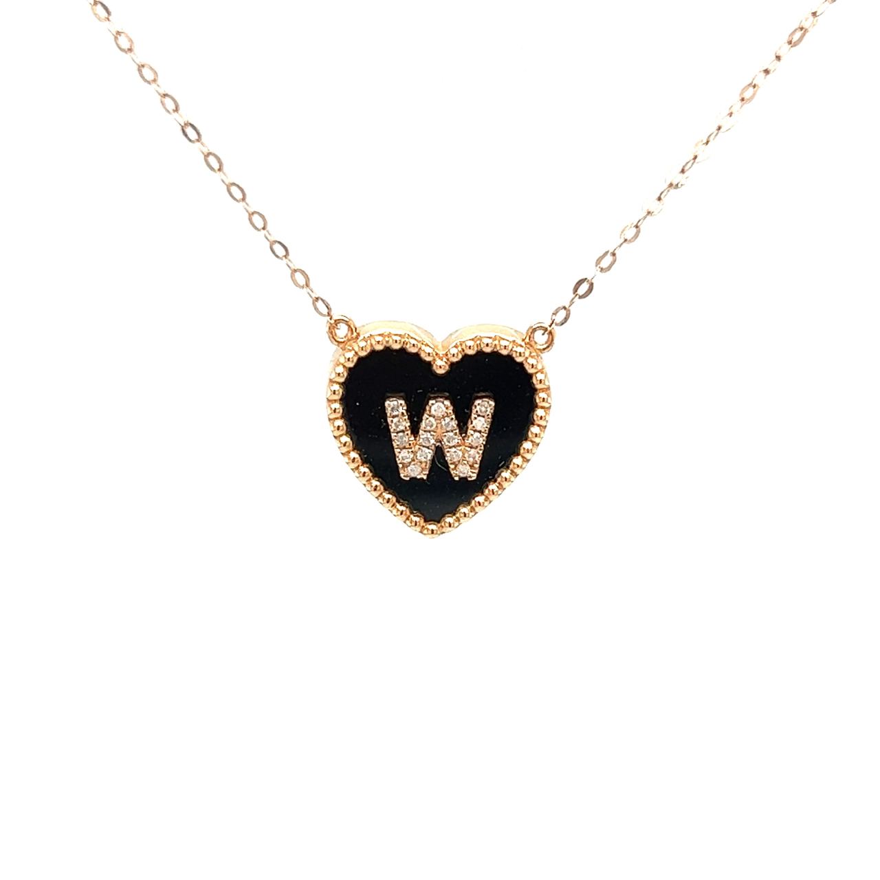 18K Rose Gold Heart Onyx Base Alphabet W Diamond Necklace