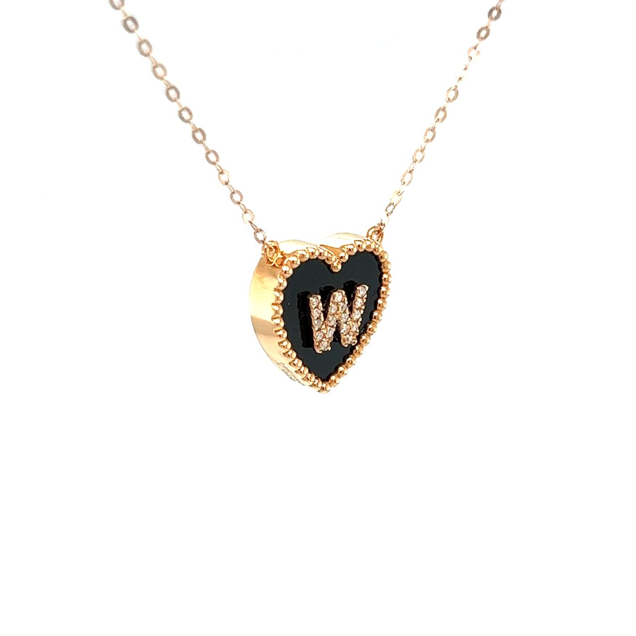 18K Rose Gold Heart Onyx Base Alphabet W Diamond Necklace