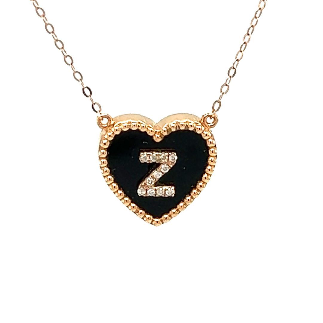 18K Rose Gold Heart Onyx Base Alphabet Z Diamond Necklace