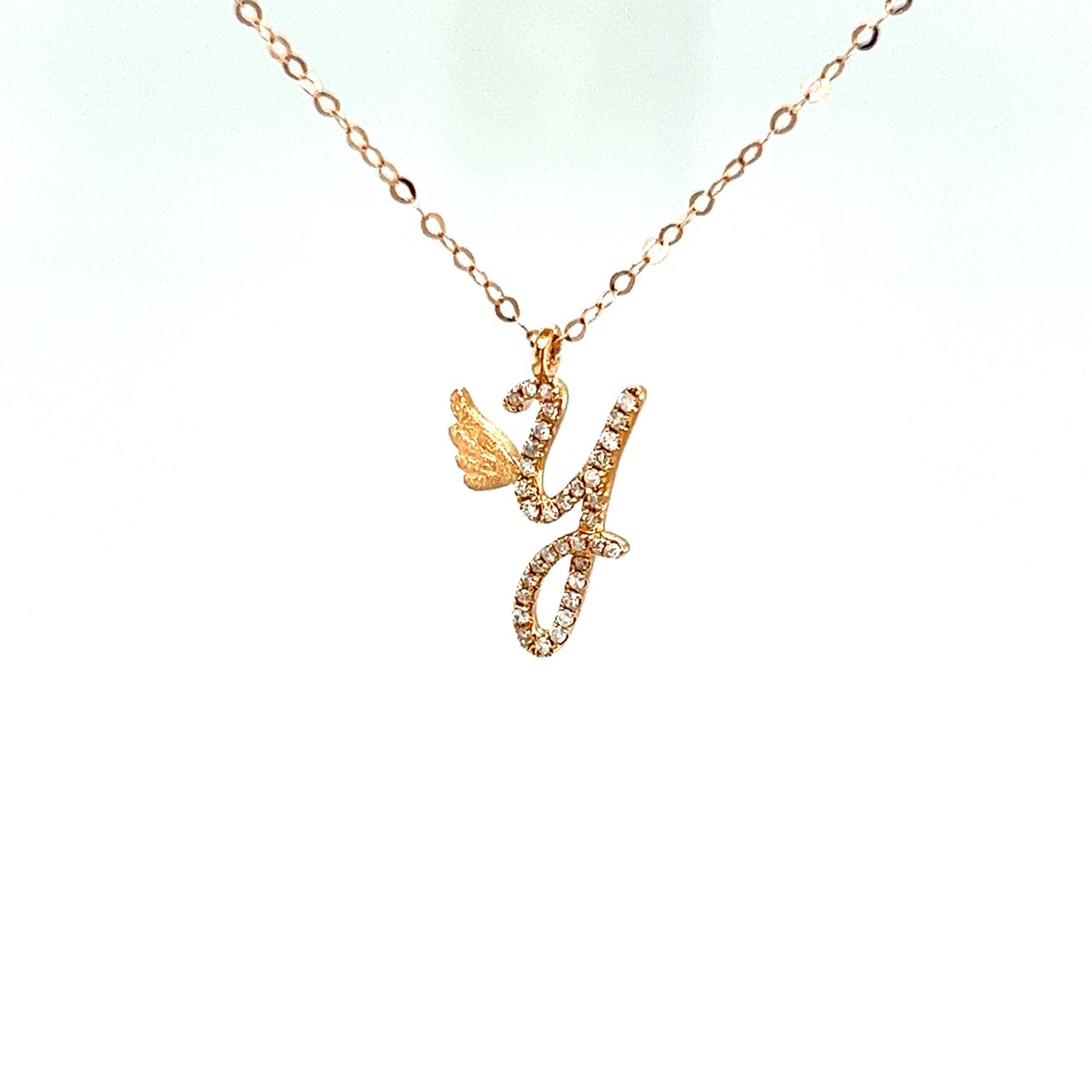 18K Rose Gold Stylish Wings Alphabet Y Full Diamond Necklace