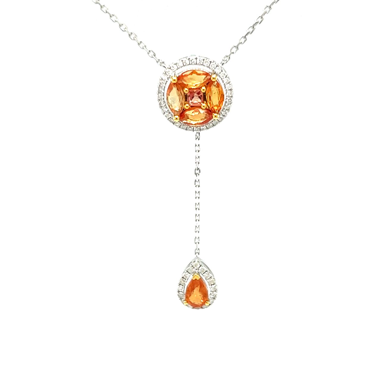 18K White Gold Pie Cut Round Orange Sapphire Halo Diamond Necklace