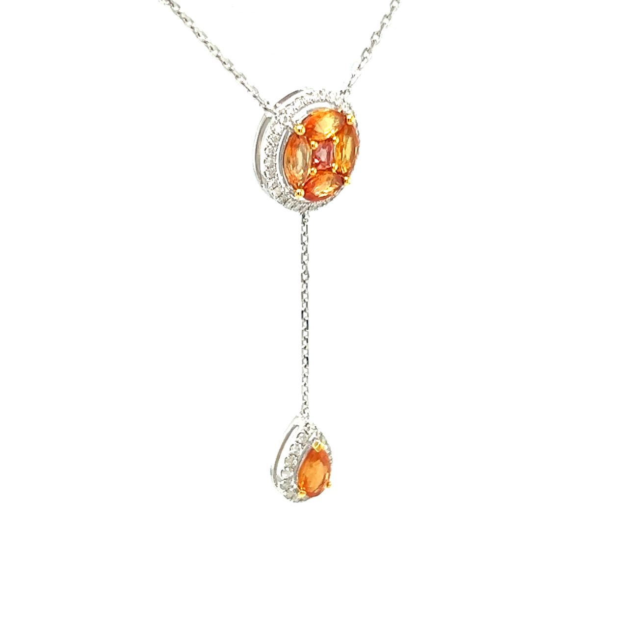 18K White Gold Pie Cut Round Orange Sapphire Halo Diamond Necklace