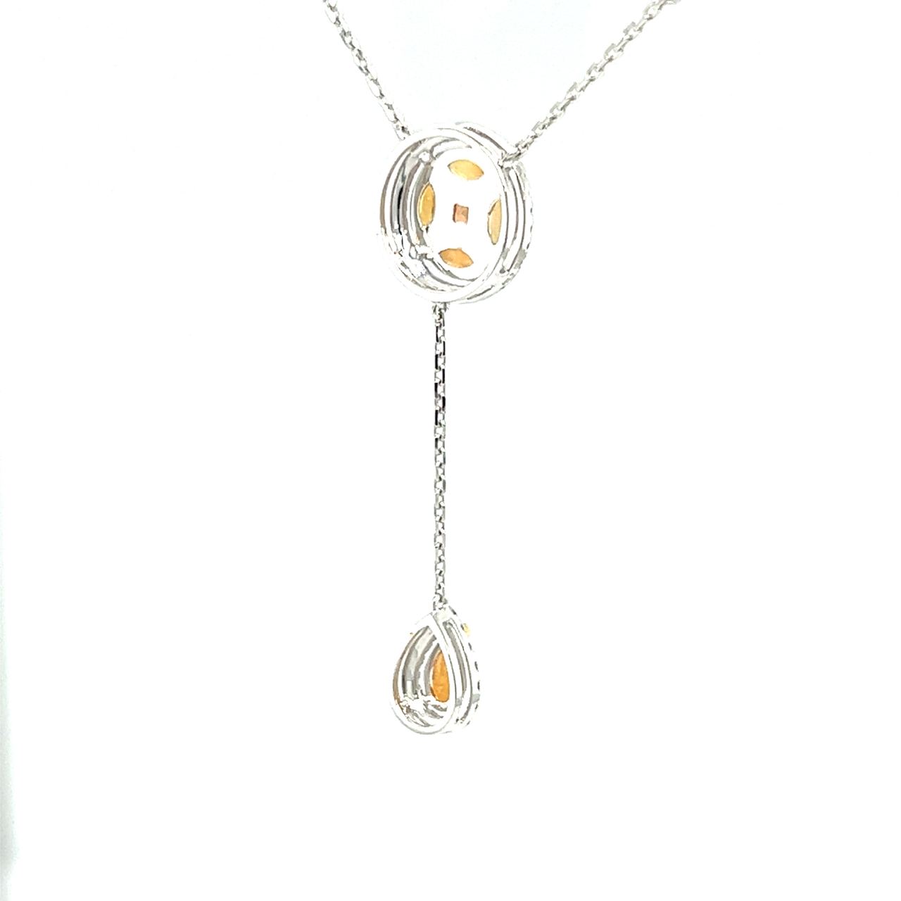 18K White Gold Pie Cut Round Orange Sapphire Halo Diamond Necklace