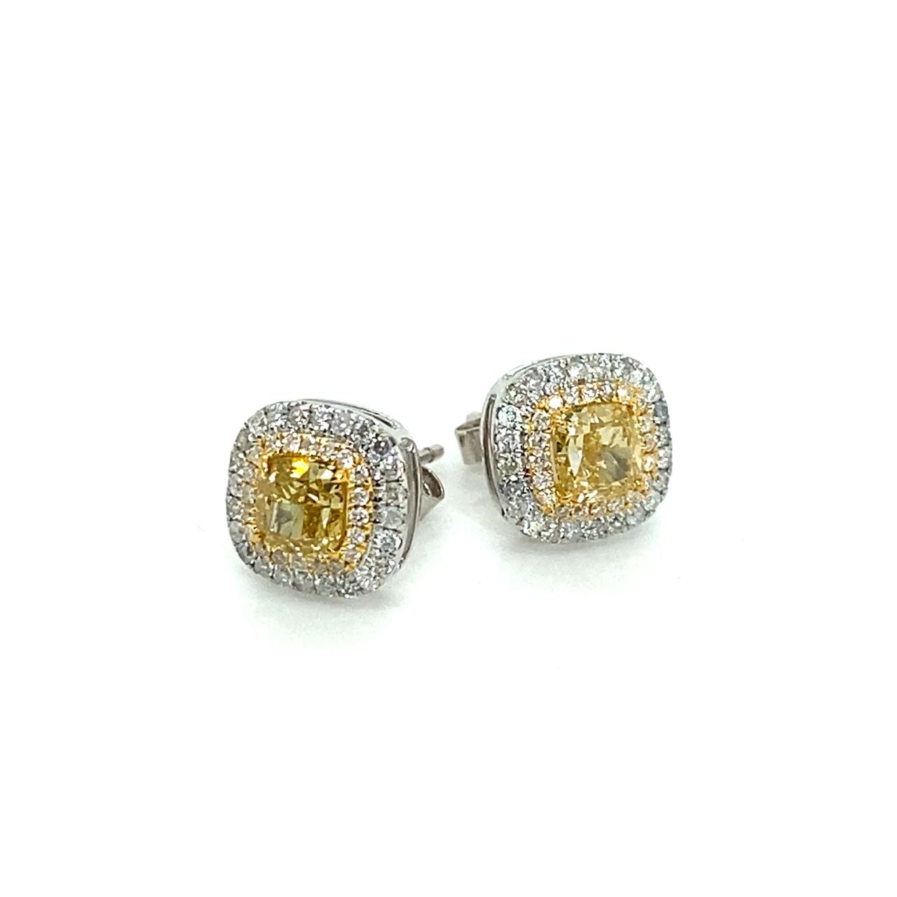 18K White Gold Yellow Fancy Cushion DIamond Double Halo Diamond Earrings