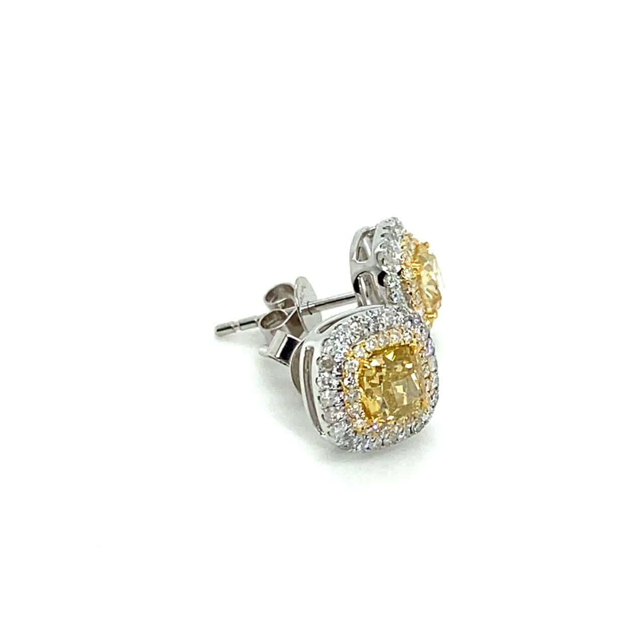 18K White Gold Yellow Fancy Cushion DIamond Double Halo Diamond Earrings
