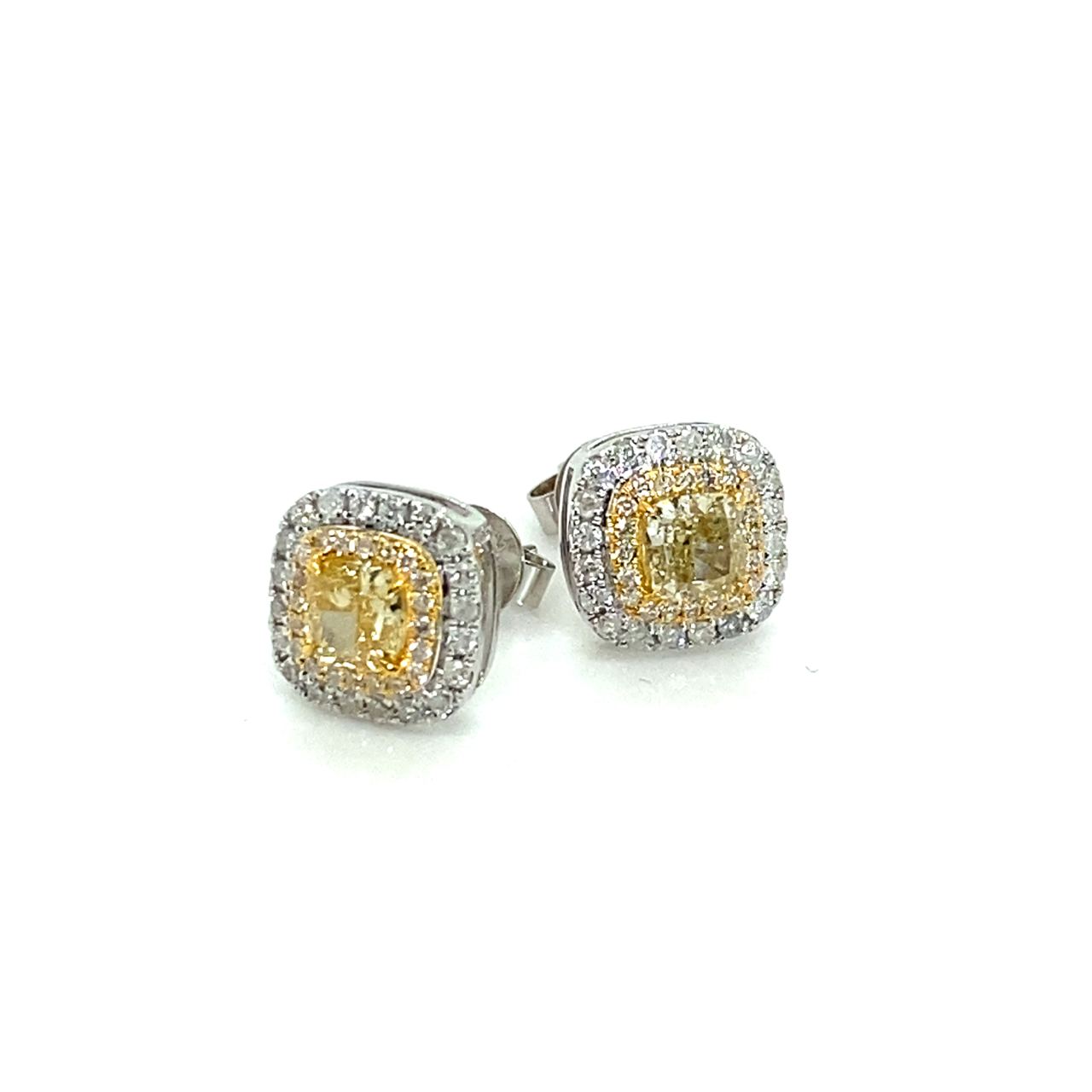 18K White Gold Yellow Diamond Cushion Double Halo Diamond Earrings
