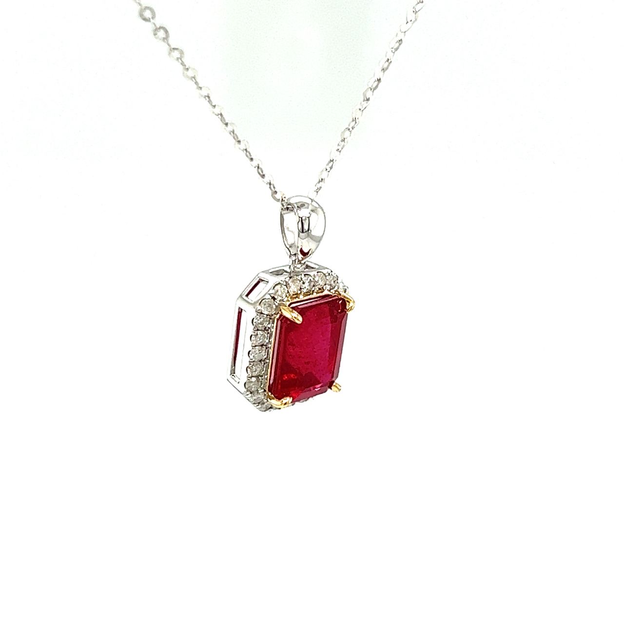 18K White Gold Ruby Emerald Shape Frame Pave Diamond Necklace