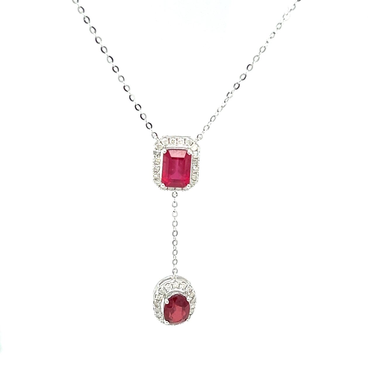 18K White Gold Ruby Lariat Diamond Necklace