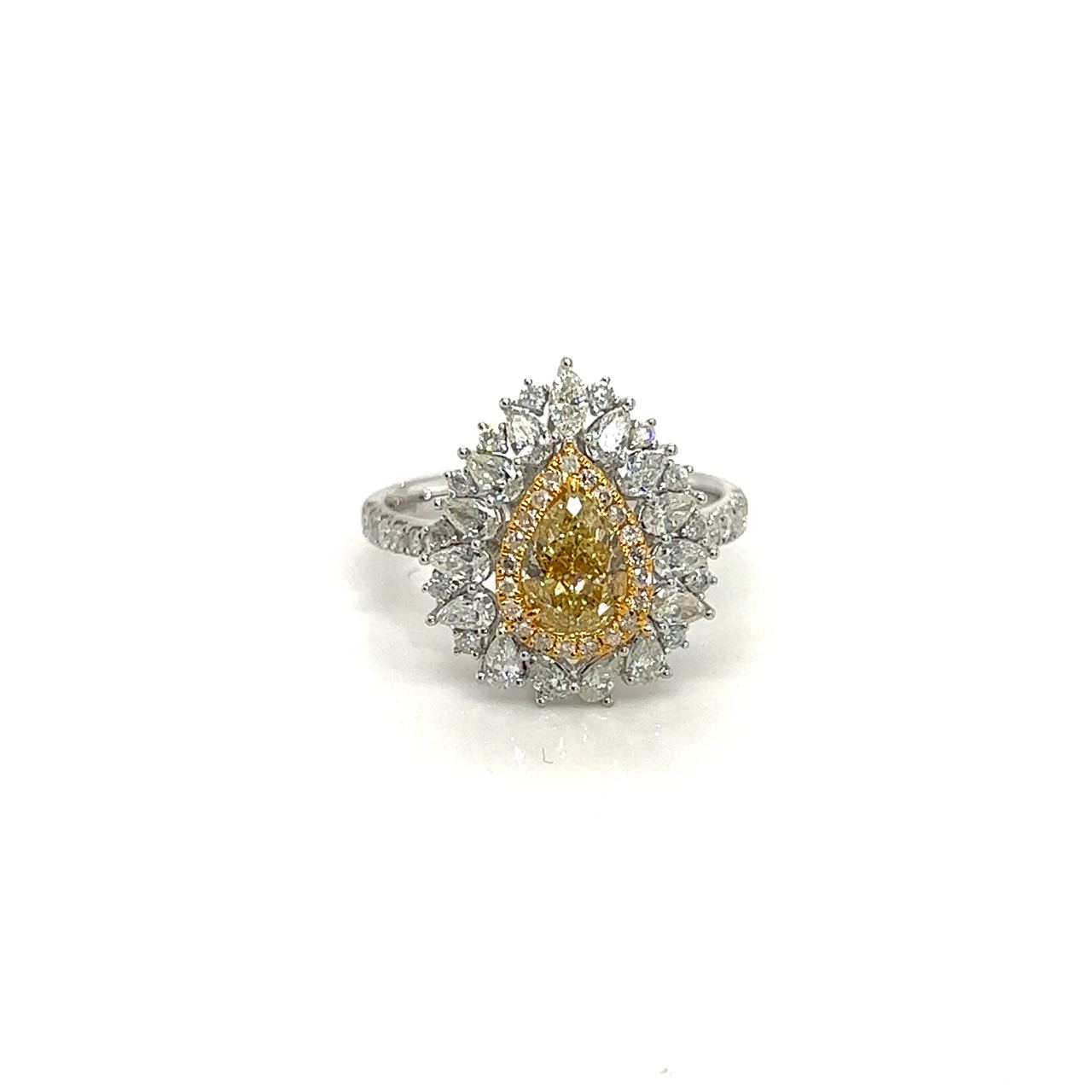 18K White Gold Pear Fancy Yellow Diamond With Pear Halo Diamond Max Ring
