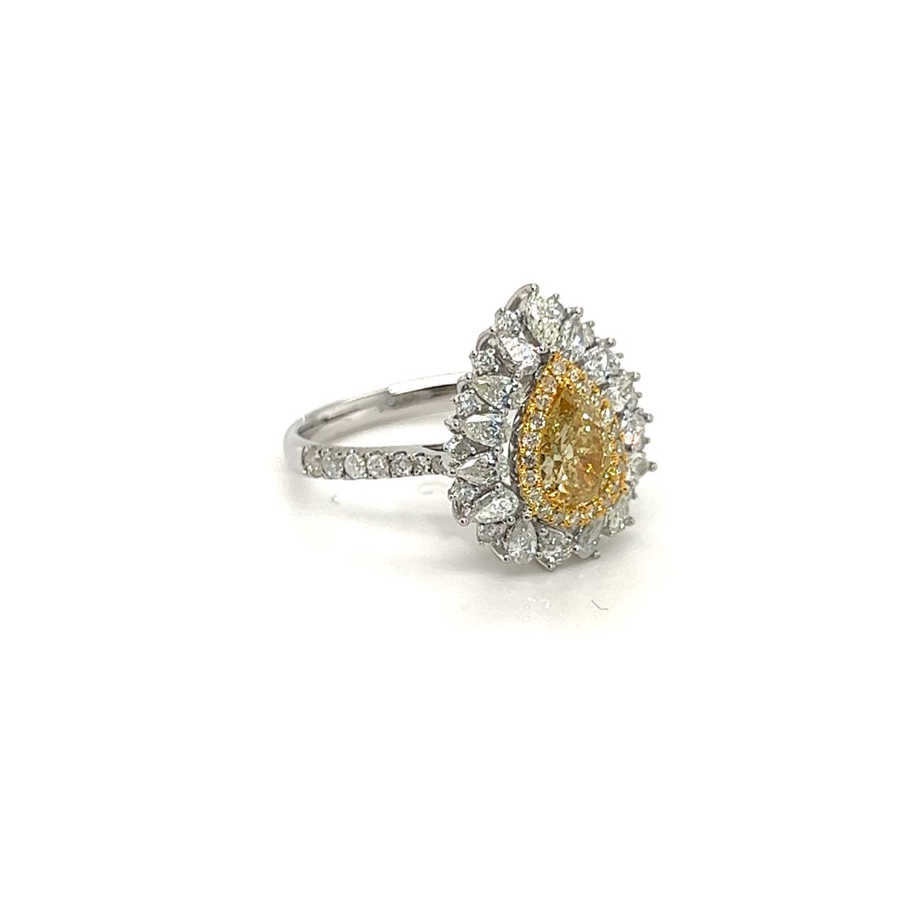 18K White Gold Pear Fancy Yellow Diamond With Pear Halo Diamond Max Ring