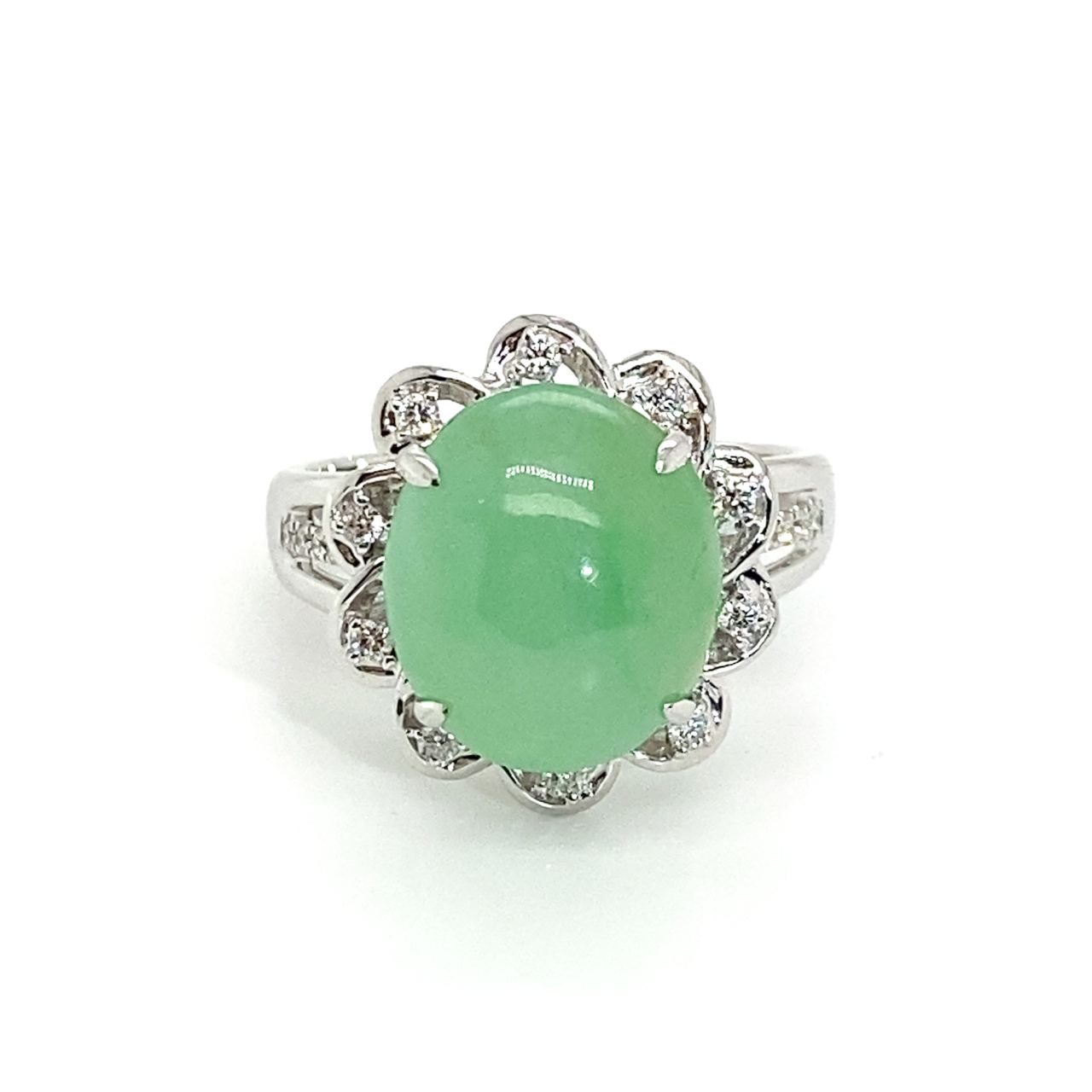 18K White Gold Double Halo Jade Egg Diamond Ring