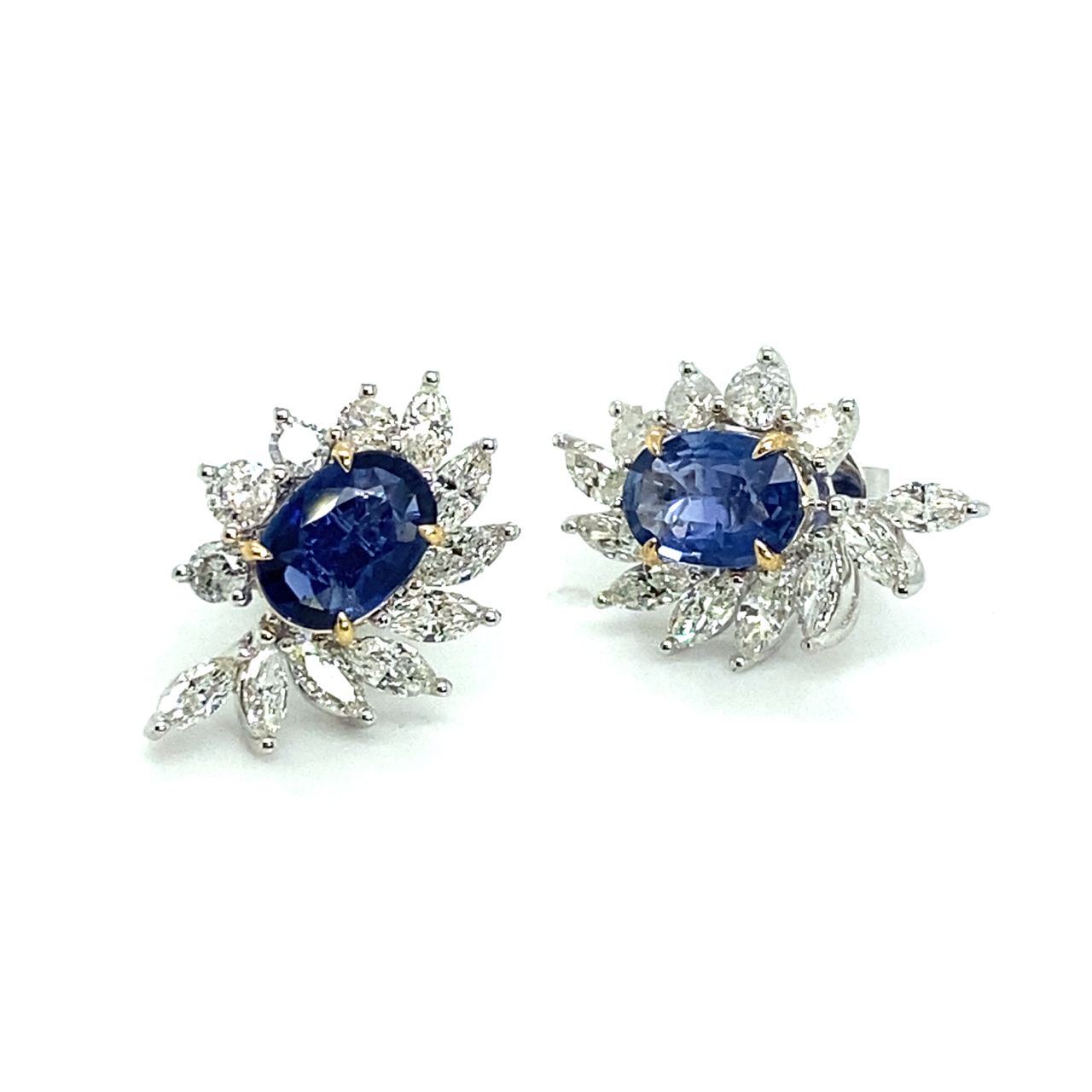18K White Gold Blue Oval SAP Leaf MQ Diamond Earrings