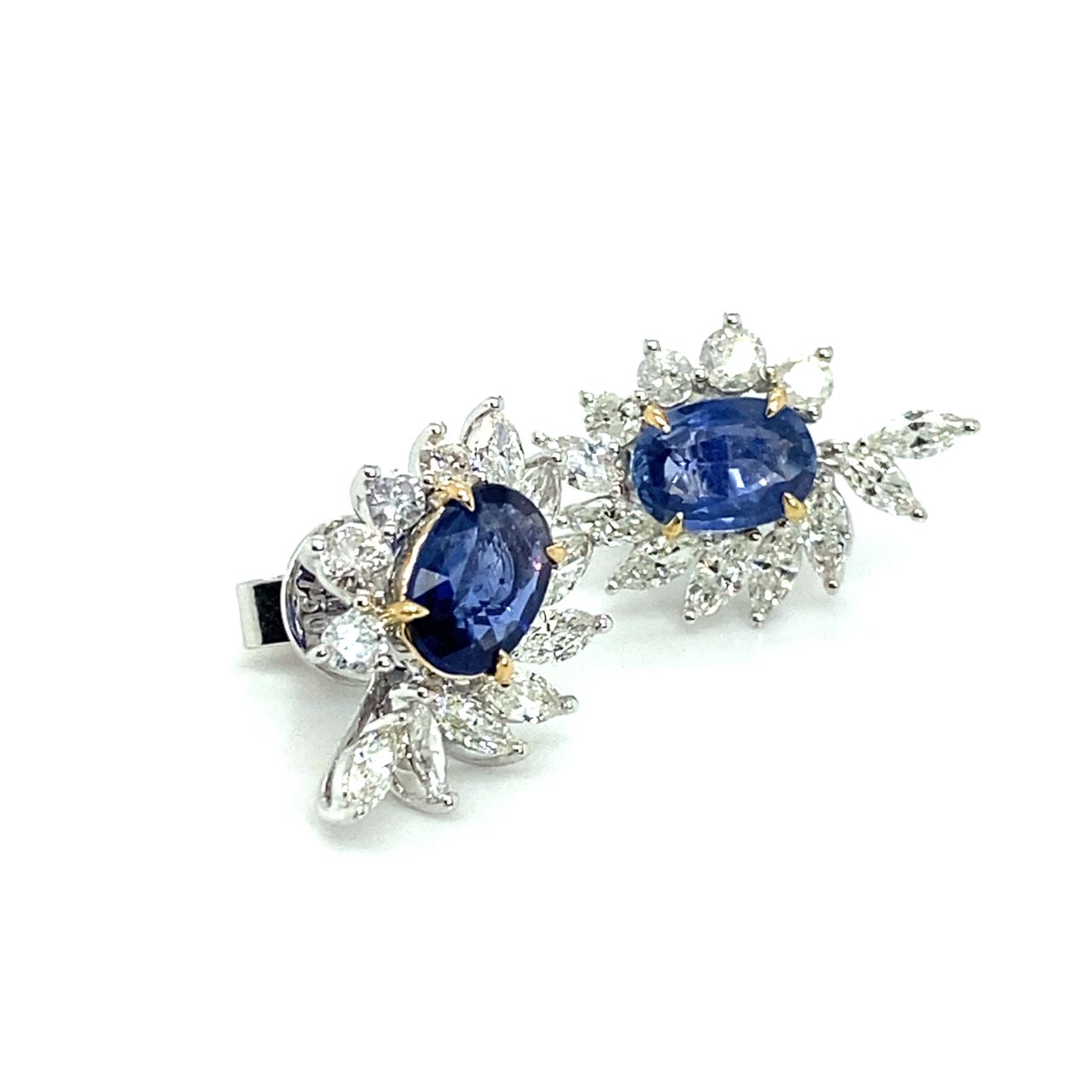 18K White Gold Blue Oval SAP Leaf MQ Diamond Earrings