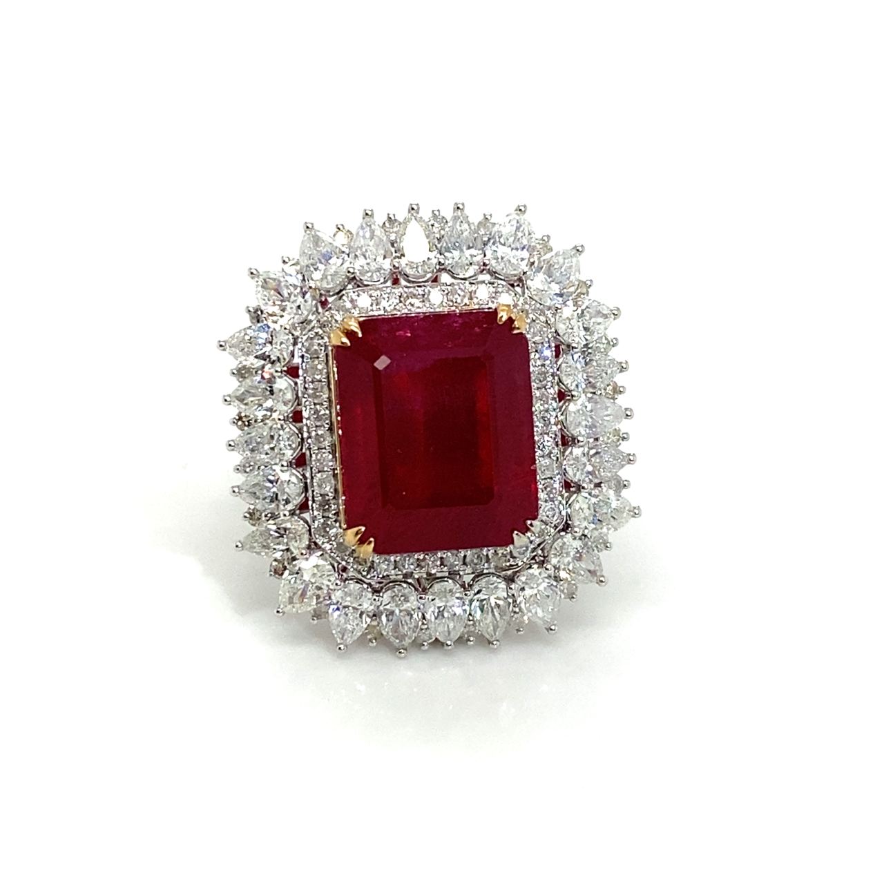 18K White Gold Emerald Shape Ruby Pear Halo Victorian Diamond Ring
