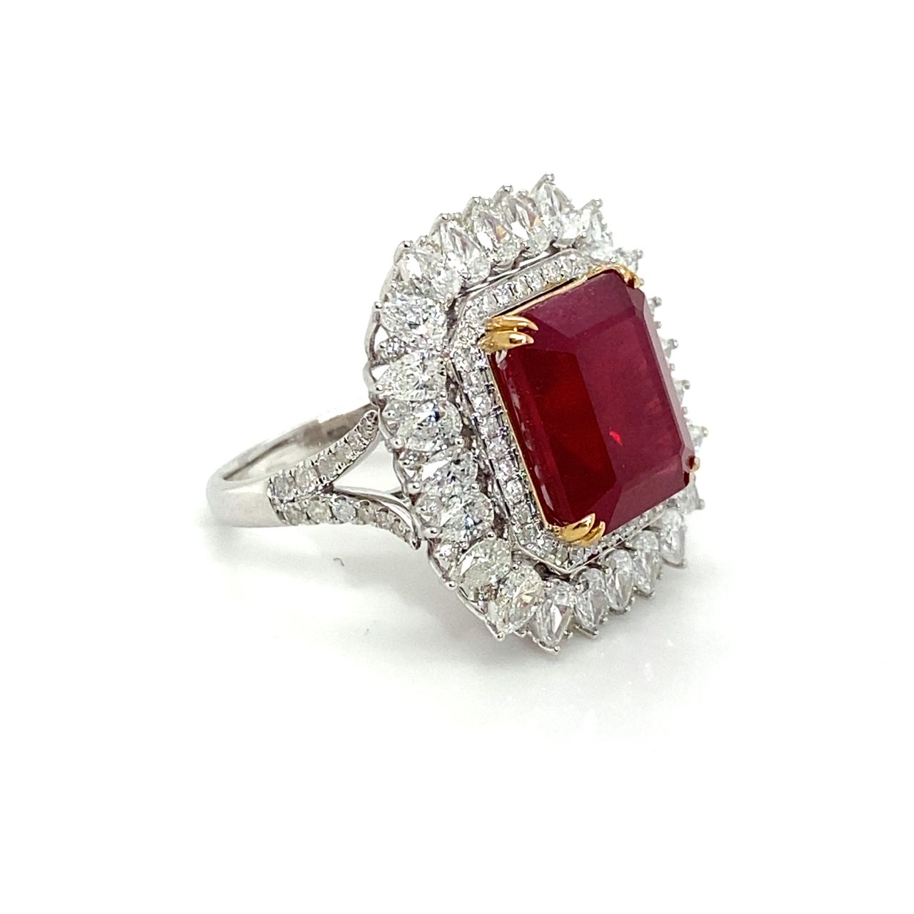 18K White Gold Emerald Shape Ruby Pear Halo Victorian Diamond Ring