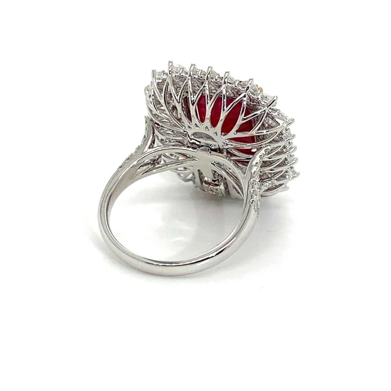 18K White Gold Emerald Shape Ruby Pear Halo Victorian Diamond Ring