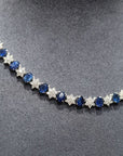 18K White Gold Oval Blue Sapphire Cluster Diamond Necklace